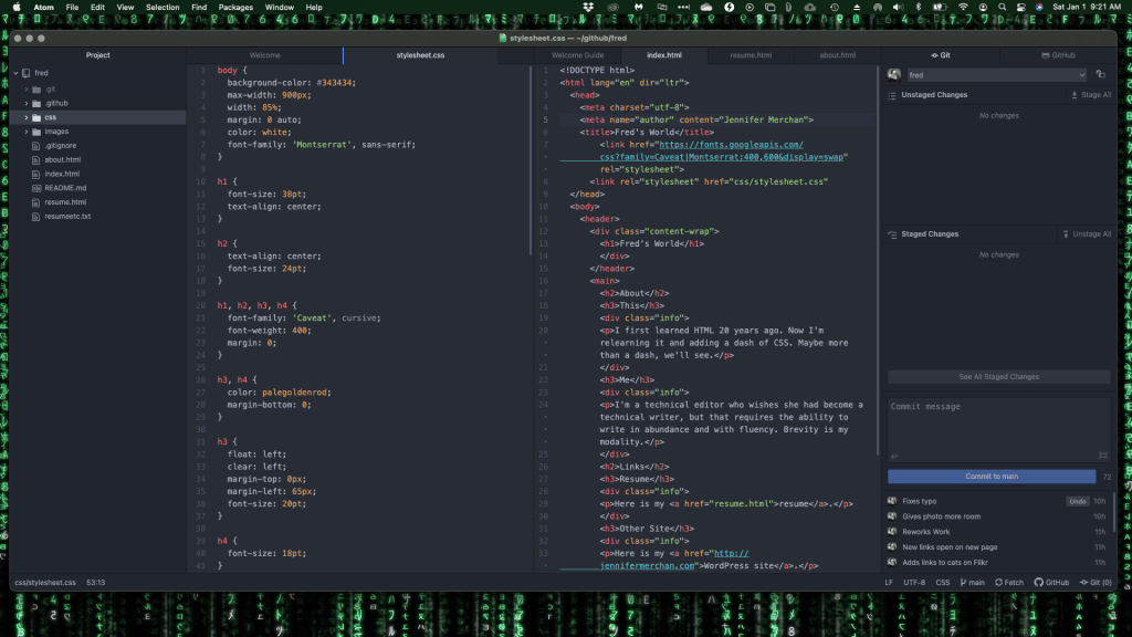 Atom window featuring four panels with the file structure tree, a CSS file, an HTML file, and a Git interface.