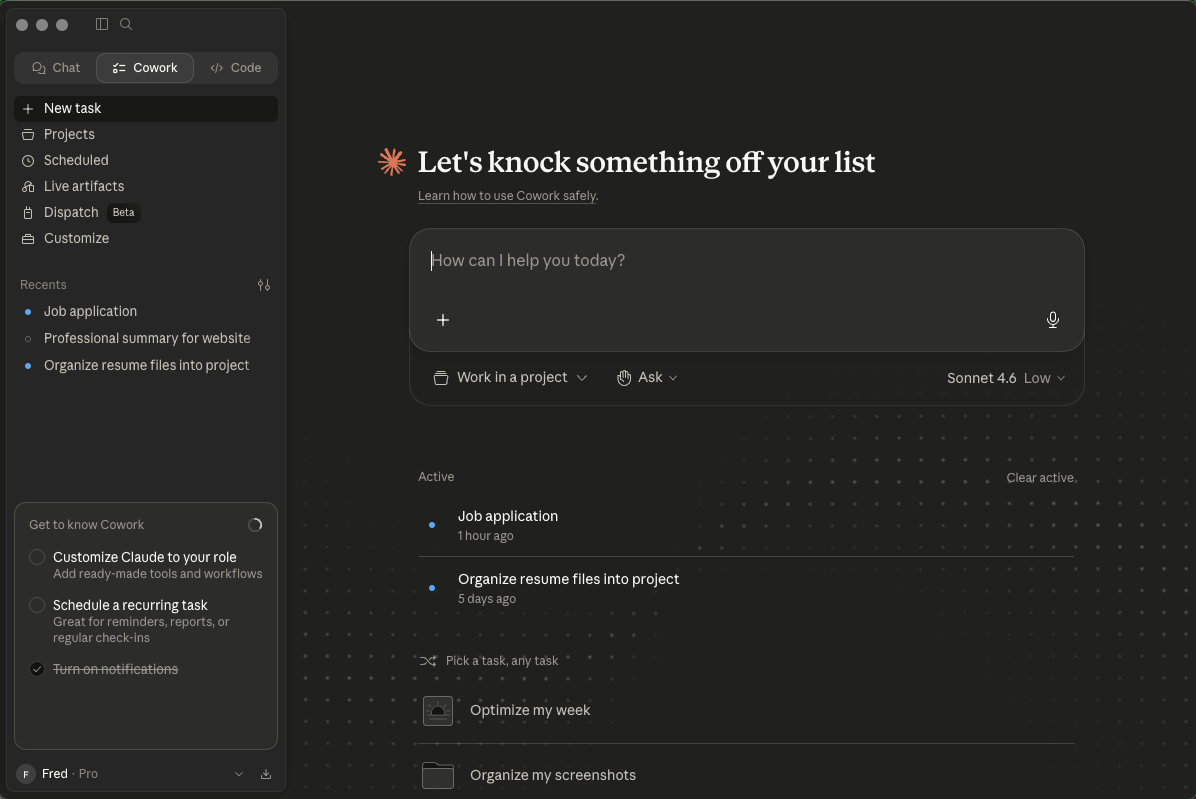 Claude's Cowork Screen on a Mac