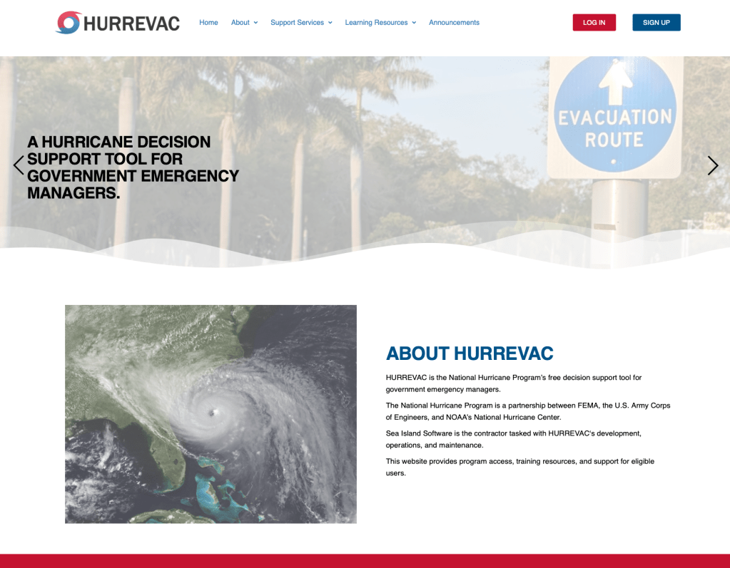 Home page of the National Weather Service's HURREVAC tool website